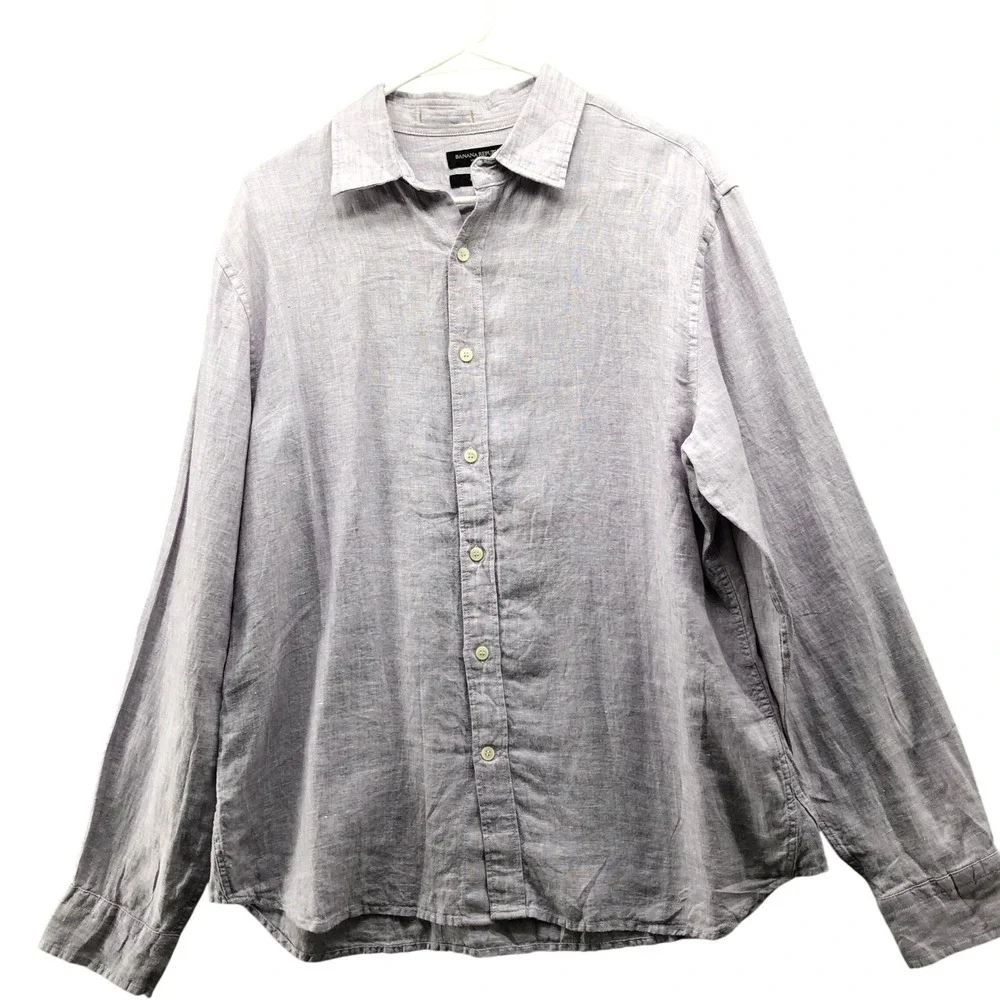 Banana Republic 100% Linen Shirt Mens M Purple Standard Fit Long Sleeve Button